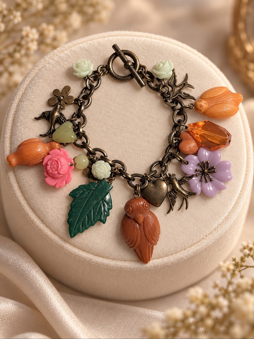 Vintage-Inspired Multicolor Charm Bracelet - Floral & Owl Design